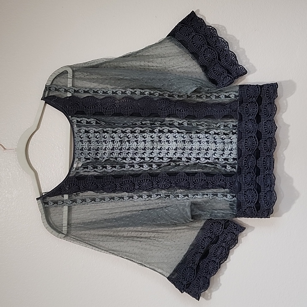 Ariat Sheer Lace-Trim Blouse in Gray and Black
